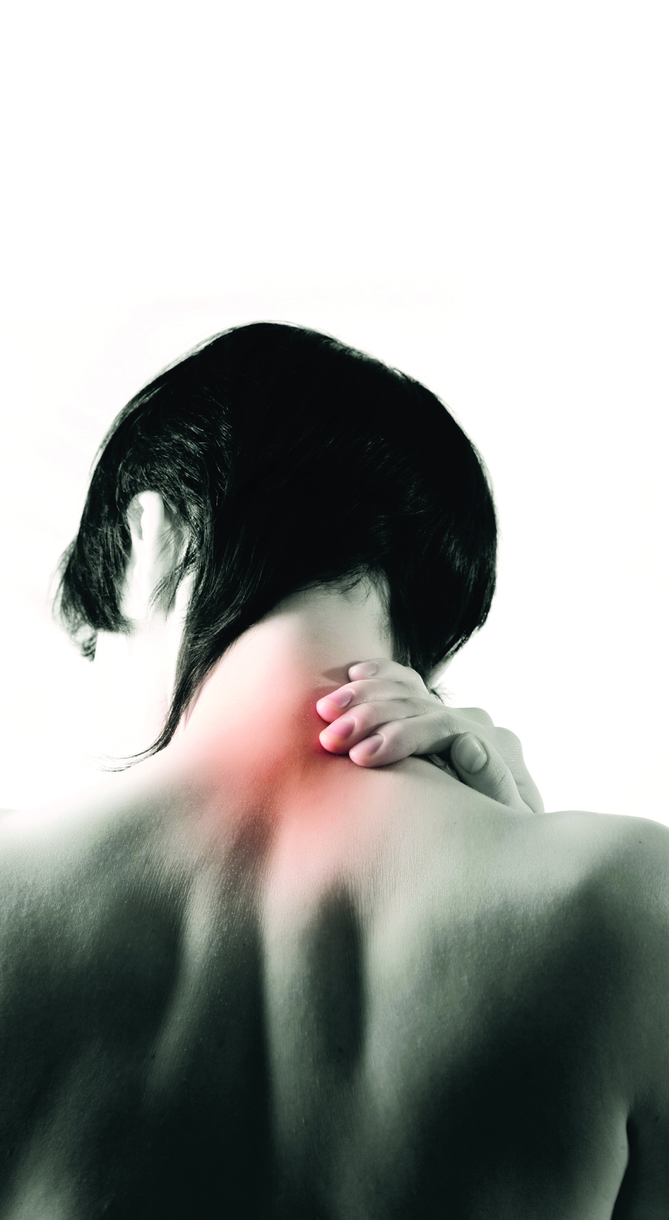 Focus sur la région cervicale montrant une gêne au cou, évoquant des tensions musculaires ou articul