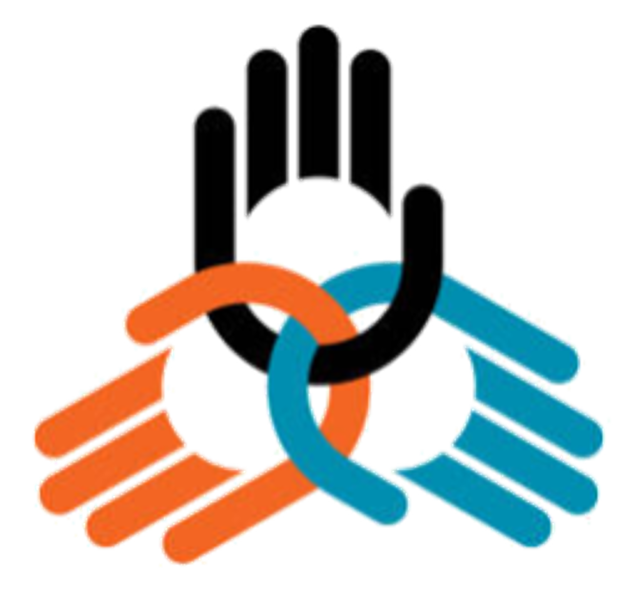 Icône stylisée représentant trois mains entrelacées de couleurs différentes, symbolisant la collaboration, l’entraide et l’unité.